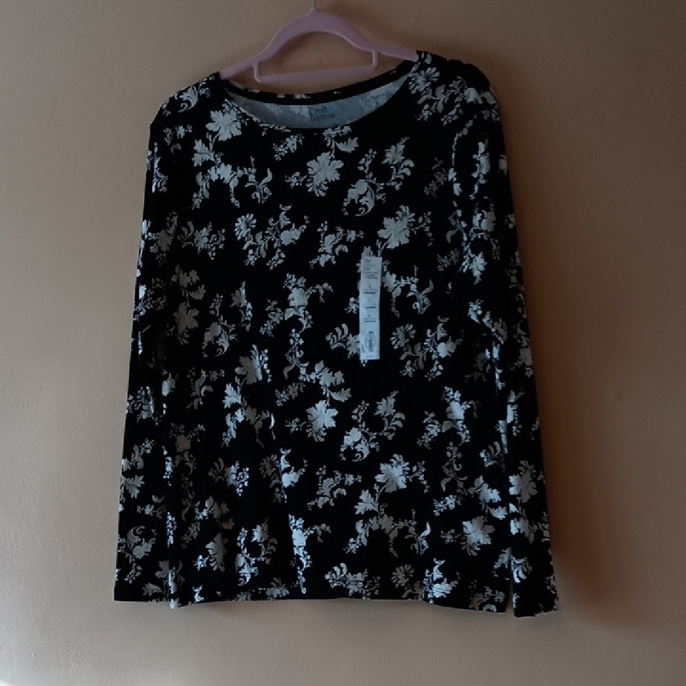 Floral Black and White Women's Top, Sz L